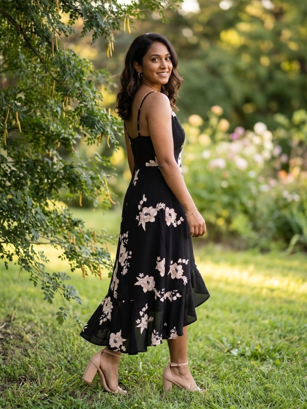 Black Floral Midi Dress with Pink Blossoms - Elegant Sundress